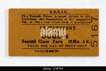 Alte Vintage CDRJC Eisenbahn Zug Ticket Letterkenny Dublin Stockfoto