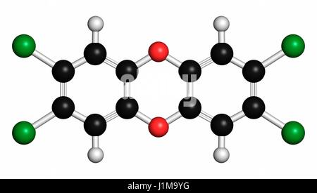 TCDD polychlorierte Dibenzodioxin Schadstoff Molekül (gemeinhin als Dioxin). Nebenprodukt gebildet während der Verbrennung von chlorhaltigen Materialien. Atome werden als Kugeln mit konventionellen Farbkodierung dargestellt: Wasserstoff (weiß), Kohlenstoff (grau), Oxyge Stockfoto