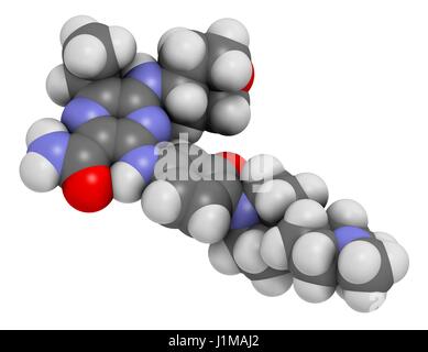 Gilteritinib Krebs Wirkstoffmolekül (Kinase-Inhibitor). 3D-Rendering. Atome werden als Kugeln mit konventionellen Farbkodierung dargestellt: Wasserstoff (weiß), Kohlenstoff (grau), Stickstoff (blau), Sauerstoff (rot). Stockfoto