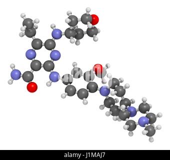 Gilteritinib Krebs Wirkstoffmolekül (Kinase-Inhibitor). 3D-Rendering. Atome werden als Kugeln mit konventionellen Farbkodierung dargestellt: Wasserstoff (weiß), Kohlenstoff (grau), Stickstoff (blau), Sauerstoff (rot). Stockfoto