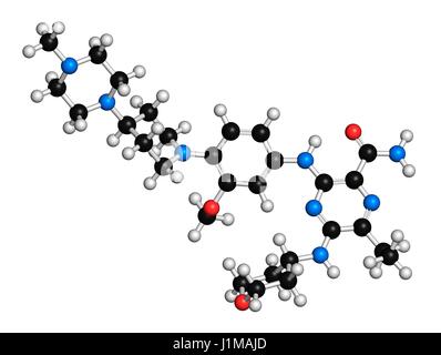Gilteritinib Krebs Wirkstoffmolekül (Kinase-Inhibitor). 3D-Rendering. Atome werden als Kugeln mit konventionellen Farbkodierung dargestellt: Wasserstoff (weiß), Kohlenstoff (schwarz), Stickstoff (blau), Sauerstoff (rot). Stockfoto
