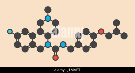 Pimavanserin atypische Antipsychotika Wirkstoffmolekül. Stilisierte Skelettformel (chemische Struktur): Atome werden als farbcodierte Kreise angezeigt: Kohlenstoff (grau), Stickstoff (blau), Sauerstoff (rot), Wasserstoff (versteckt), Fluor (Cyan). Stockfoto