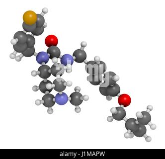 Pimavanserin atypische Antipsychotika Wirkstoffmolekül. 3D-Rendering. Atome werden als Kugeln mit konventionellen Farbkodierung dargestellt: Wasserstoff (weiß), Kohlenstoff (grau), Stickstoff (blau), Sauerstoff (rot), Fluor (Gold). Stockfoto