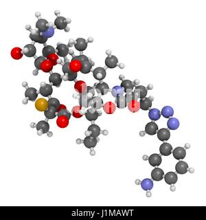 Solithromycin Antibiotika Wirkstoffmolekül. 3D-Rendering. Atome werden als Kugeln mit konventionellen Farbkodierung dargestellt: Wasserstoff (weiß), Kohlenstoff (grau), Stickstoff (blau), Sauerstoff (rot), Fluor (Gold). Stockfoto