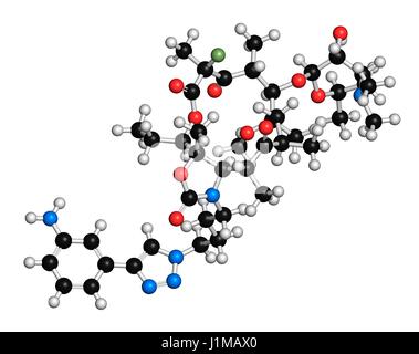 Solithromycin Antibiotika Wirkstoffmolekül. 3D-Rendering. Atome werden als Kugeln mit konventionellen Farbkodierung dargestellt: Wasserstoff (weiß), Kohlenstoff (schwarz), Stickstoff (blau), Sauerstoff (rot), Fluor (hellgrün). Stockfoto