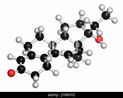 Tetrahydrogestrinone (THG) anabole Steroid-Molekül. Atome werden als Kugeln mit konventionellen Farbkodierung dargestellt: Wasserstoff (weiß), Kohlenstoff (grau), Sauerstoff (rot). Stockfoto