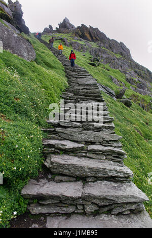 Wanderweg steil Steinplatte auf Skellig Michael, County Kerry. Die Insel war ein Kloster vor 1500 Jahren und ist heute ein UNESCO-Weltkulturerbe Stockfoto