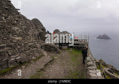 Website auf Skellig Michael, ein UNESCO-Weltkulturerbe in County Kerry, Irland arbeiten durchgeführt. Stockfoto