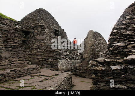 Das Kloster auf Skellig Michael, ein UNESCO-Weltkulturerbe in County Kerry, Irland. Stockfoto