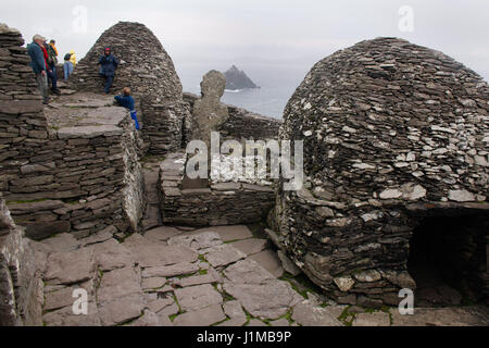 Das Kloster auf Skellig Michael, ein UNESCO-Weltkulturerbe in County Kerry, Irland. Stockfoto