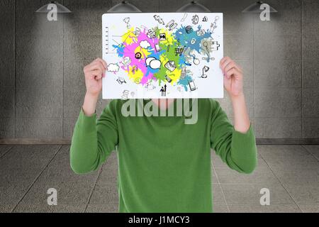 Digital Composite Mann Betrieb Plakatwand mit verschiedenen Symbolen Stockfoto