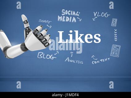Digital Composite Android Hand Daumen hoch und mag Text mit Zeichnungen Grafik Stockfoto