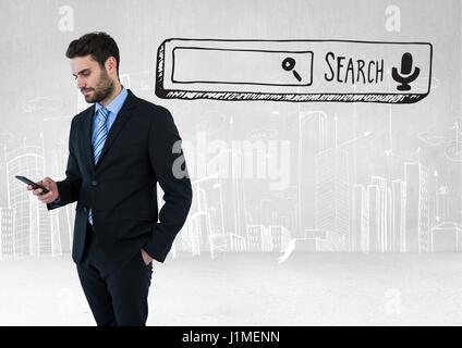 Digital Composite Suchleiste Geschäftsmann auf Handy Stockfoto
