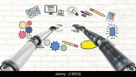 Digitalen Verbund von Android Hände mit Zeichnungen Grafik Stockfoto