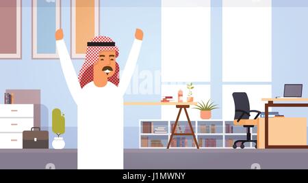 Arabische Geschäftsmann glücklich hob Arme Unternehmer im modernen Büro Stock Vektor
