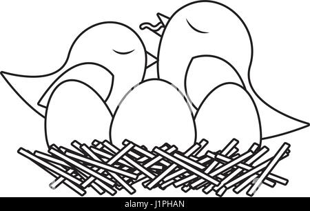 monochrome Silhouette der Vogel im Nest mit Eiern und Küken Stock Vektor