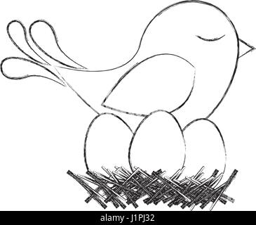 monochrome Skizze der Vogel im Nest mit Eiern Stock Vektor