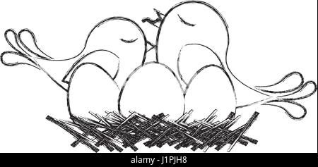 monochrome Skizze der Vogel im Nest mit Eiern und Küken Stock Vektor