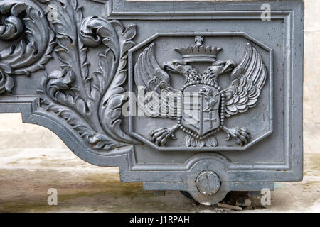 Details zu den Wagen der französischen Geschütze aus der Sammlung der Artillerie des XVI.-XIX. Jh. in der Nähe der Bui Stockfoto