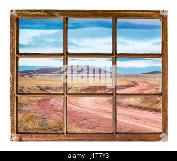 windige Ranch Road in Colorado Ausläufern wie Vintage, Grunge, Schiebefenster mit schmutzigen Glas durchschauen Stockfoto