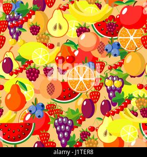 Flache Früchte Musterdesign. Vektor-flache Abbildungen der Wassermelone, Banane, Kirsche, Apfel, Erdbeeren, Himbeeren, Brombeeren, Orange, Kiwifrucht, Birne für Web-, Druck- und Textilindustrie Stock Vektor