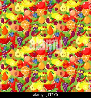 Flache Früchte Musterdesign. Vektor-flache Abbildungen der Wassermelone, Banane, Kirsche, Apfel, Erdbeeren, Himbeeren, Brombeeren, Orange, Kiwifrucht, Birne für Web-, Druck- und Textilindustrie Stock Vektor