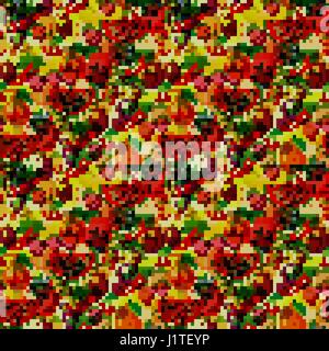Flache Früchte Musterdesign. Vektor-flache Abbildungen der Wassermelone, Banane, Kirsche, Apfel, Erdbeeren, Himbeeren, Brombeeren, Orange, Kiwifrucht, Birne für Web-, Druck- und Textilindustrie Stock Vektor