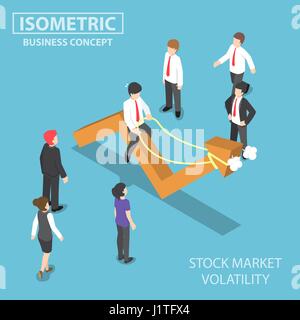 Flache isometrische Geschäftsmann Reiten Scheu Börse 3D-Diagramm, Investitionsrisiko und Aktienmarkt-Volatilität-Konzept Stock Vektor