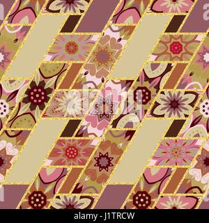Vektor-abstrakte nahtlose Patchwork-Muster mit geometrischen und floralen Ornamenten, stilisierten Blumen, Punkten und Spitze. Vintage Boho-Stil. Stock Vektor
