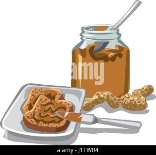 Illustration der Erdnussbutter in Glas und Schnittbrot Stock Vektor