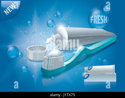 Illustration der Zahnpastatube und Zahnbürste Werbung Stock Vektor