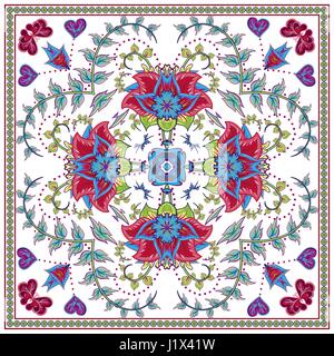 Abstrakte grafische Hintergrund, quadratisches Muster mit Mandala geometrisches Ornament. Halstuch Schal Stoff drucken, Seide Hals Schal oder Tuch-Design, Vektor-Illustration. Stock Vektor