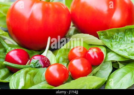 Frische Tomaten und Kirschen Pfeffer auf Basilikumblätter in Garten, close-up Stockfoto