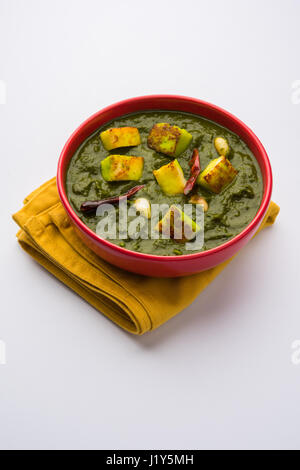 Indisches Curry-Gericht - Palak Paneer bestehend aus Spinat und Käse, serviert in Schüssel weiß, selektiven Fokus Stockfoto