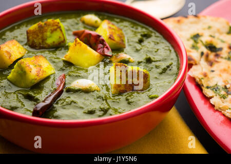 Indisches Curry-Gericht - Palak Paneer bestehend aus Spinat und Käse, serviert in Schüssel weiß, selektiven Fokus Stockfoto