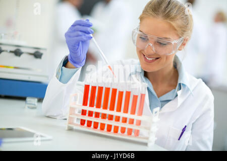 Junge Assistentin machen Experiment im Chemielabor mit Reagenzgläsern Stockfoto