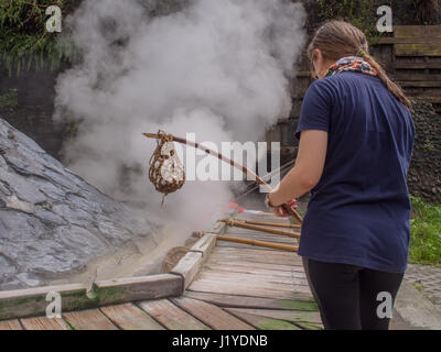 Taiping-Berg, Taiwan - 15. Oktober 2016: Eiern und Gemüse gekocht wird, in das Wasser der Thermalquellen in Taiwan Stockfoto