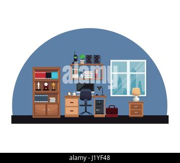 Büro Innenraum Schreibtisch Stuhl Fenster Aktentasche Bücherregal Uhr Tischleuchte Stock Vektor
