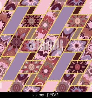 Vektor-abstrakte nahtlose Patchwork-Muster mit geometrischen und floralen Ornamenten, stilisierten Blumen, Punkten und Spitze. Vintage Boho-Stil. Stock Vektor