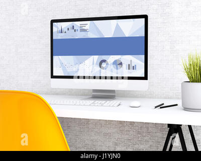 3D Illustration. Moderner Arbeitsplatz mit Computer. Technologie- und Business-Konzept. Stockfoto