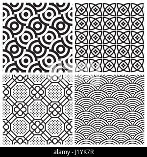 Satz von 4 geometrische schwarz-weiß Musterdesigns (Vektor) Stock Vektor