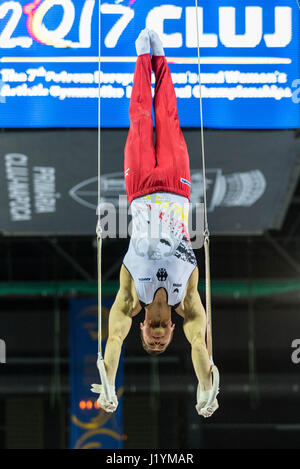 Cluj-Napoca, Rumänien. 21. April 2017. Lukas Dauser aus Deutschland führt bei den Ringen bei der UEG-Europameisterschaft 2017 in Cluj-Napoca, Rumänien, 21. April 2017. Foto: Catalin Soare/Dpa/Alamy Live News Stockfoto