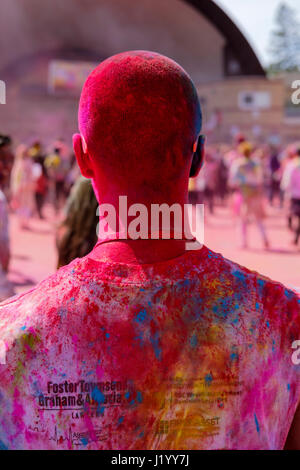 London, Ontario, Kanada, 22. April 2017. Männlichen orientalischen Teenager fallen in bunte Pulver im Victoria Park während das Frühlingsfest Holi, auch bekannt als Rangwali Holi, Dhuleti, Dhulandi, Phagwah oder einfach als fest der Farben, ein Hindu-Festival zur Feier der Ankunft des Frühlings in London, Ontario, Kanada. Bildnachweis: Rubens Alarcon/Alamy Live-Nachrichten. Stockfoto