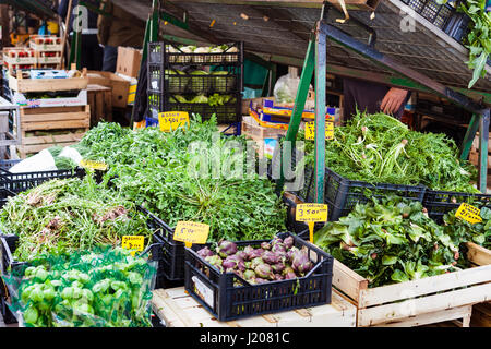 PADUA, Italien - 1. April 2017: frische lokale Grün am Markt auf der Piazza Delle Erbe in der Nähe von Palazzo della Ragione in Padua Stadt im Frühjahr. Das Gebäude des Stockfoto