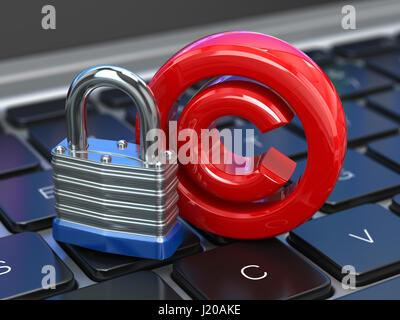 Copyright-Zeichen mit Schloss auf der Laptoptastatur. Geistiges Eigentum Schutzkonzept. 3D illustration Stockfoto