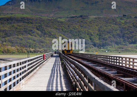 Zug der Brücke Mawddach Mündung Eisenbahn auf die Cambran Küste in der Nähe von Barmouth, Gwynedd, Wales Stockfoto