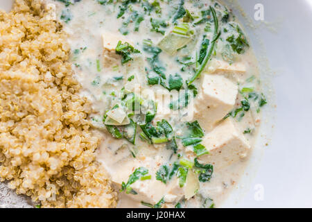 Makro Nahaufnahme von Tofu grüner curry mit Quinoa in Schüssel Stockfoto