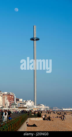 Der i360 ist die weltweit höchste beweglichen Aussichtsturm. Passagiere werden in einer Hülse 162 Meter über dem Meer von Brighton in England transportiert. Stockfoto