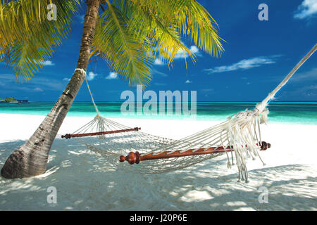 Strand-Hängematte hängen an einer Palme auf den Malediven Stockfoto