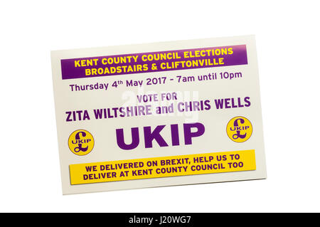 Wahl-Broschüre von rechten Flügel UKIP, UK Independence Party. Akquisition von 2017 Kent County Council Wahlen in Thanet. Stockfoto